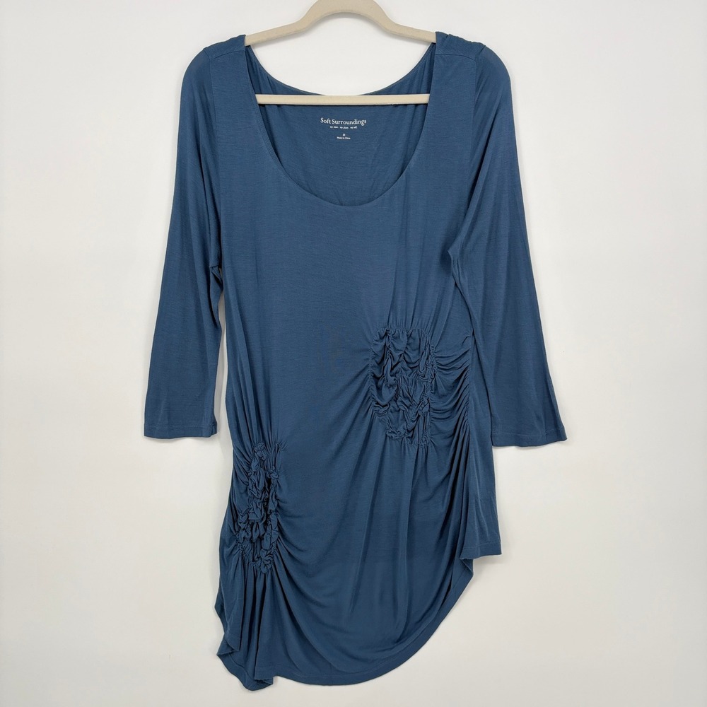 Soft Surroundings Womens M Tunic Top Blue Ruched Asymmetrical 3/4 Sleeve Fitted